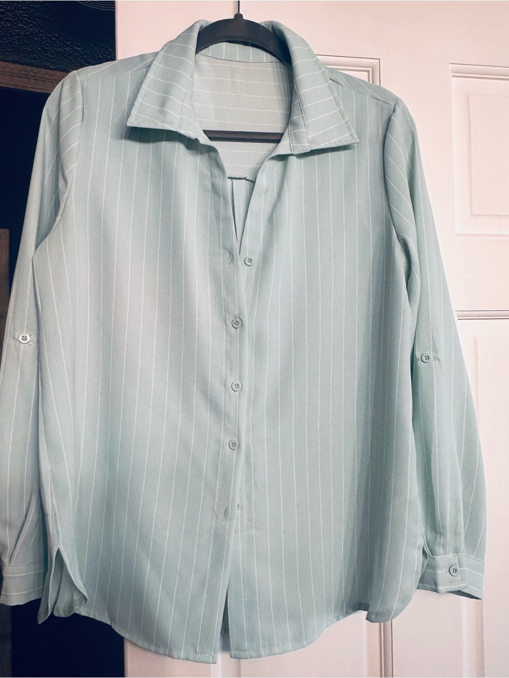 Women’s Mint Green Pinstripe Button-Up Blouse